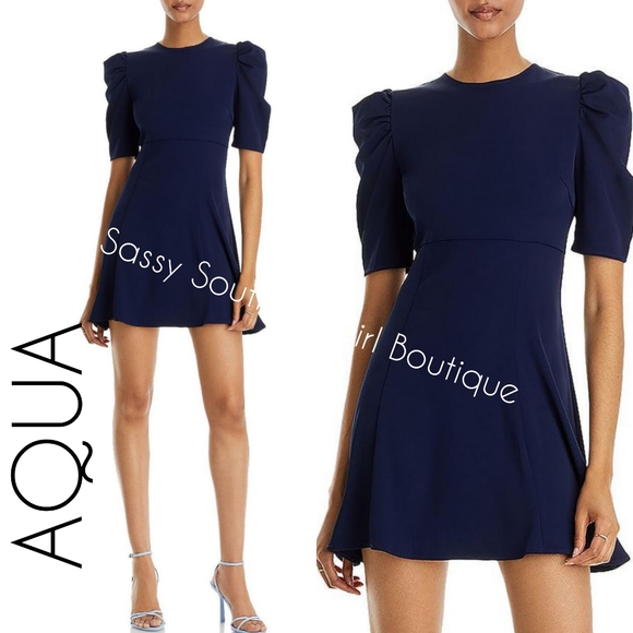 AQUA navy blue puff sleeve fit and flare mini dress